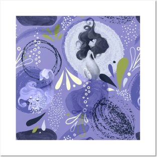 Whimsical Mermaids on Abstract Purple Background Posters and Art